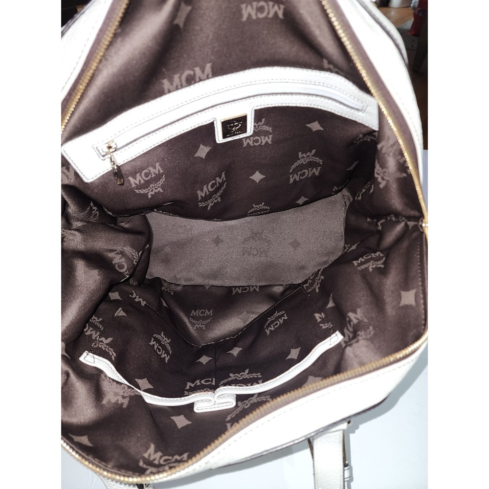 MCM White Pebbled Leather Satchel Bag Gold Hardware Contrast Stitch Logo Lining - Picture 7 of 7